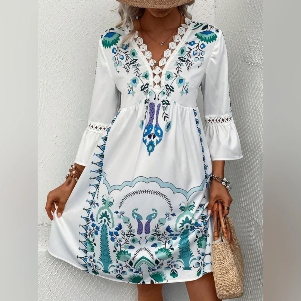 Boho Print Lace Hem Midi dress all sizes